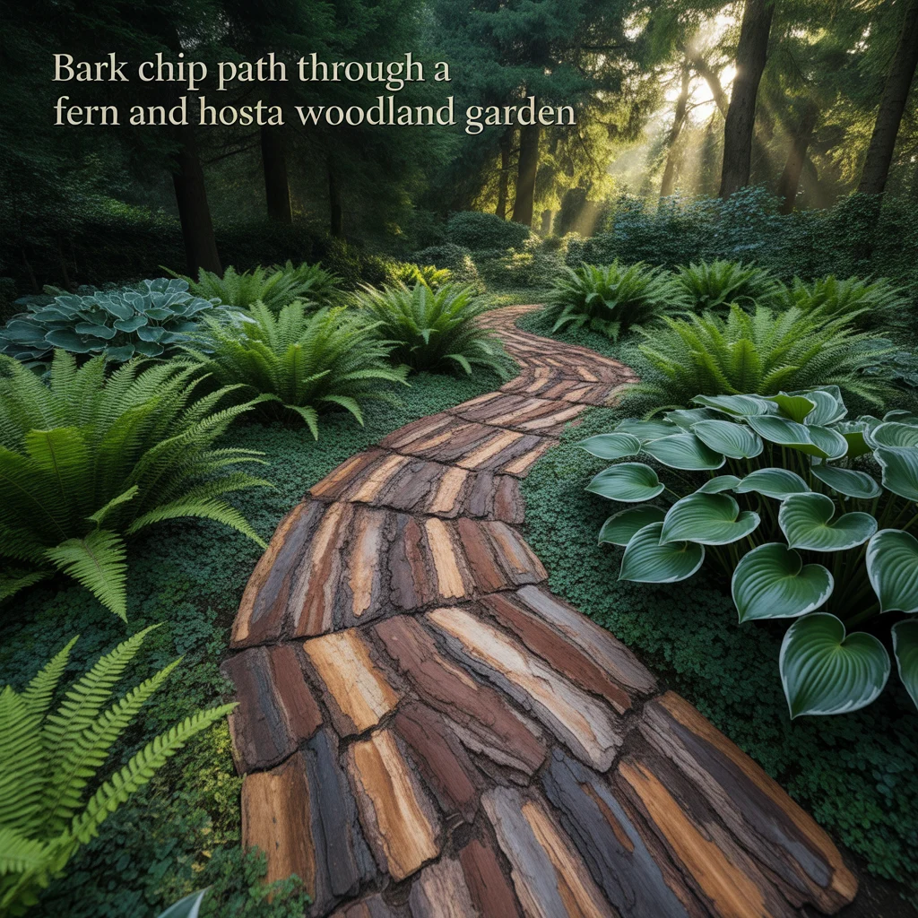 1. Bark Chip Path Through a Fern and Hosta Woodland Garden
