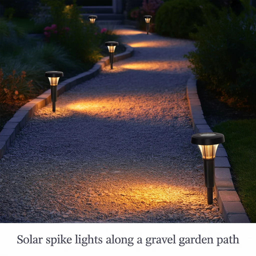 1. Solar Spike Lights Along a Gravel Garden Path