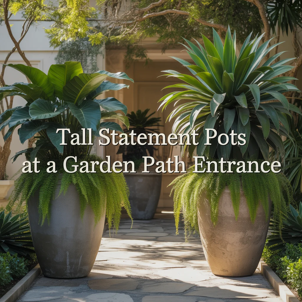 10. Tall Statement Pots at a Garden Path Entrance