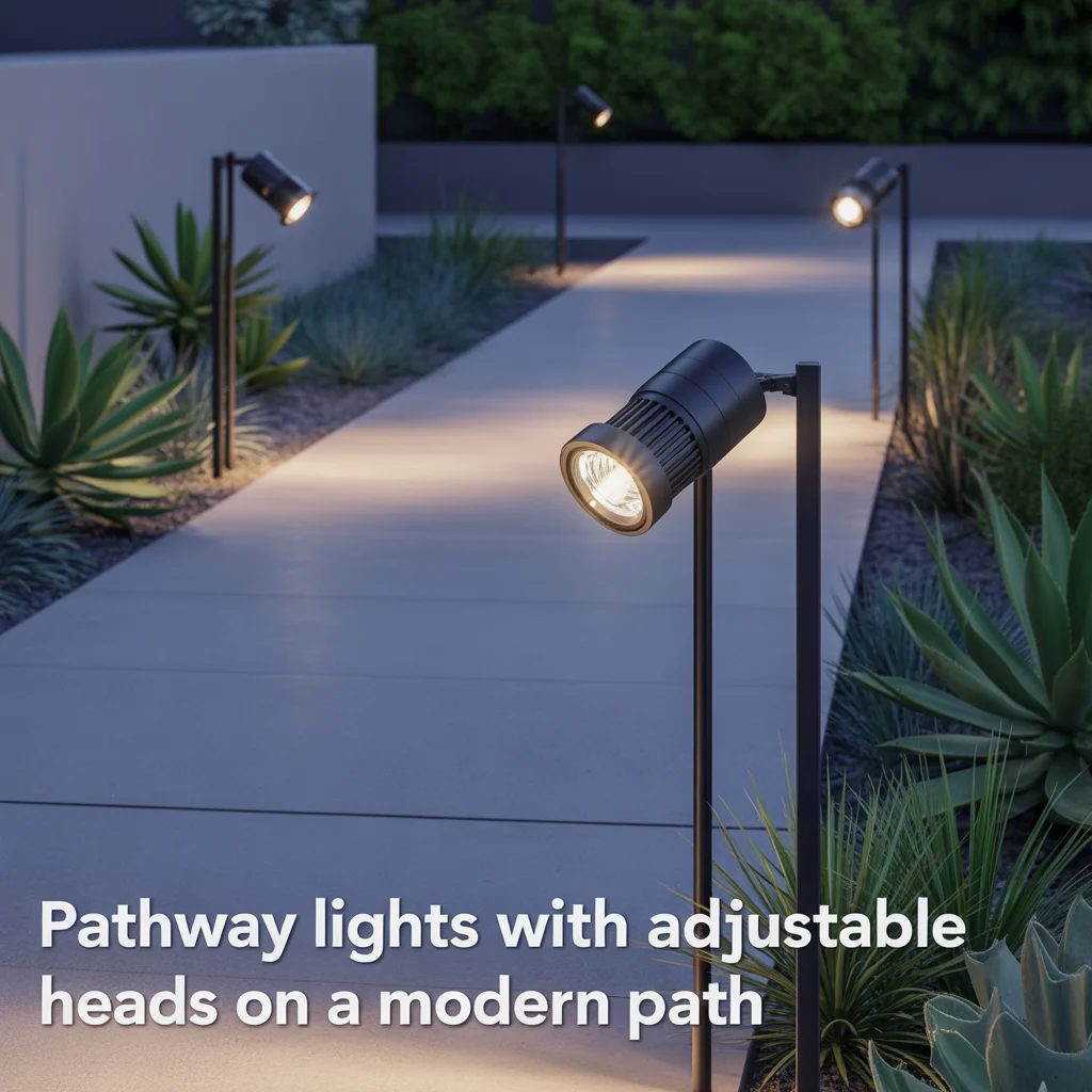 11. Pathway Lights With Adjustable Heads on a Modern Path