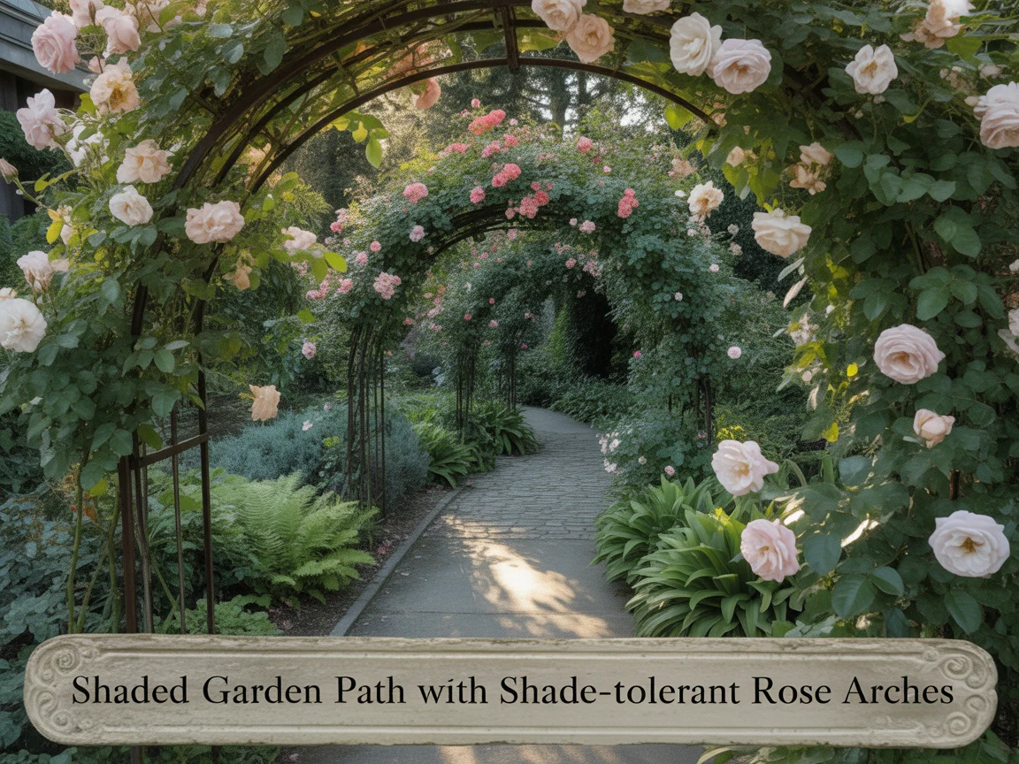 11. Shaded Garden Path With Shade-Tolerant Rose Arches