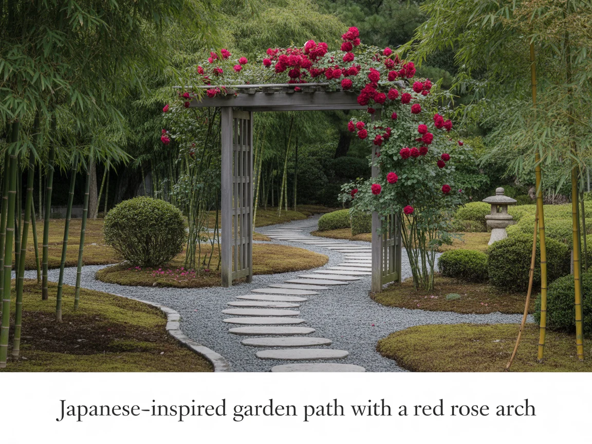 12. Japanese-Inspired Garden Path With a Red Rose Arch