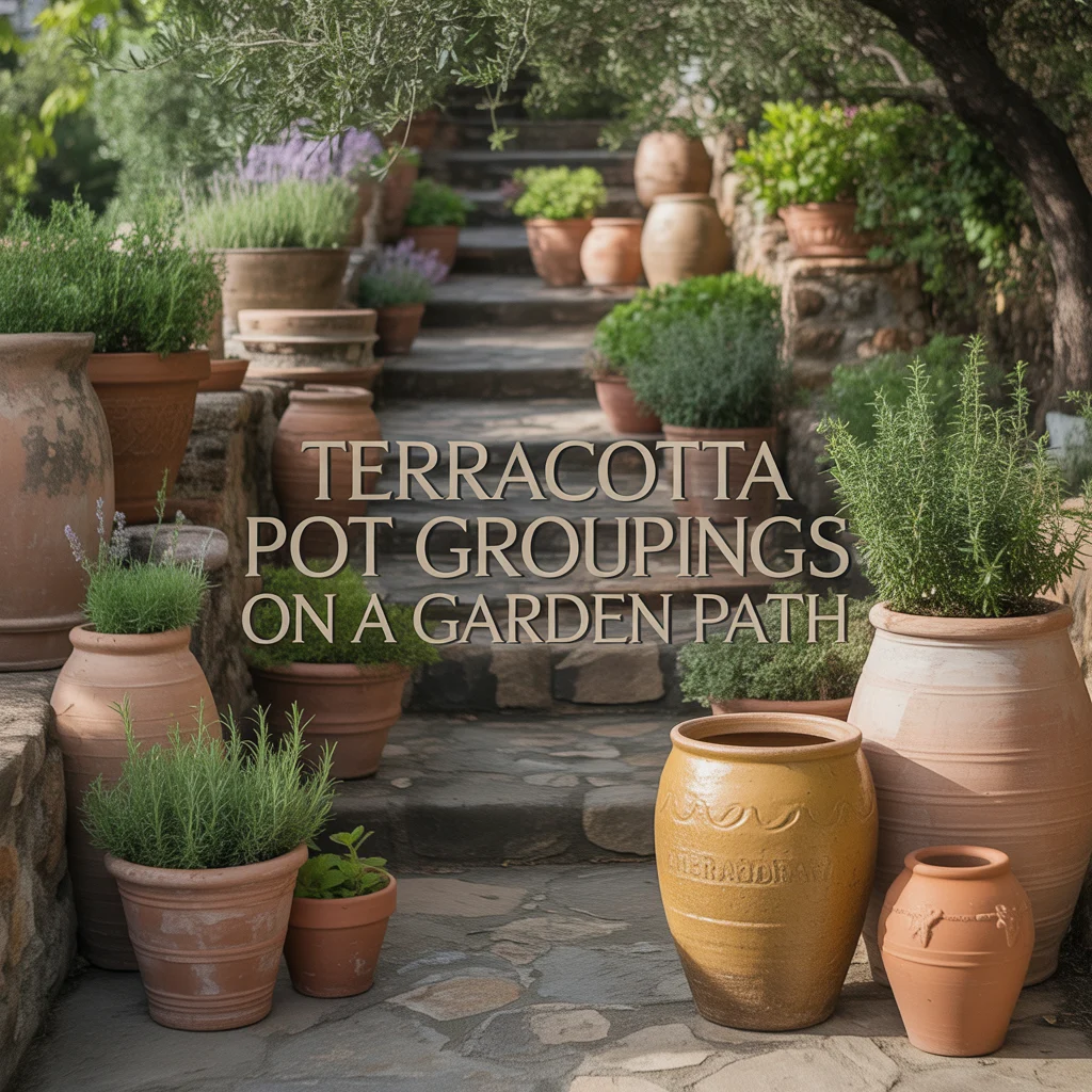 13. Terracotta Pot Groupings on a Garden Path
