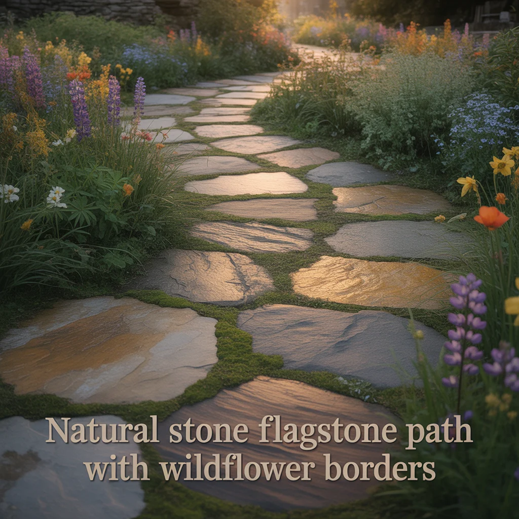 15. Natural Stone Flagstone Path With Wildflower Borders