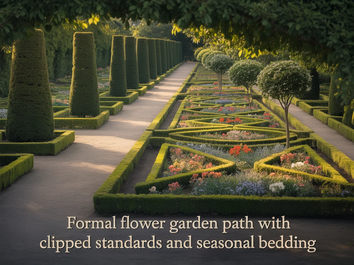 16. Formal Flower Garden Path With Clipped Standards and Seasonal Bedding