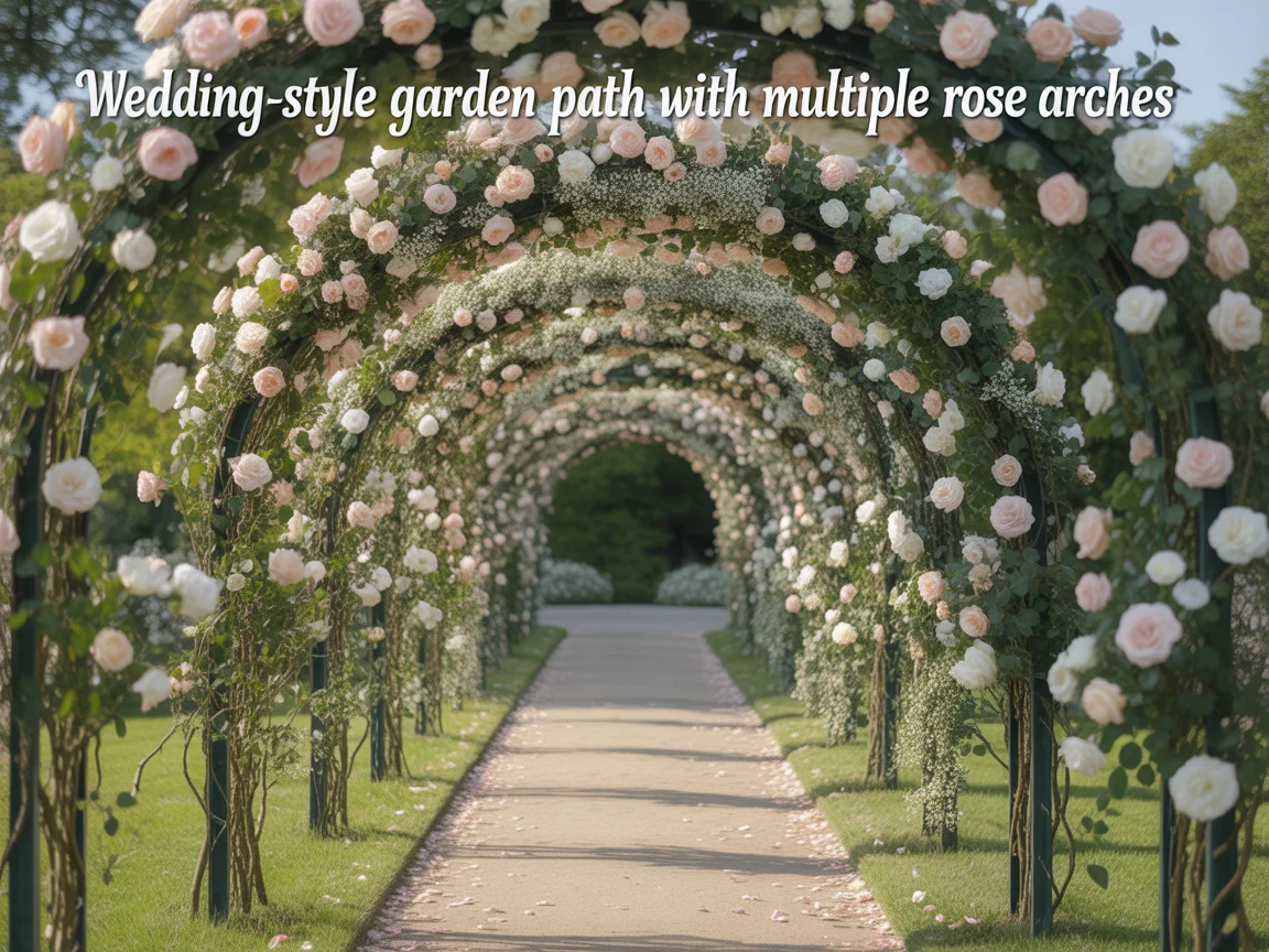 19. Wedding-Style Garden Path With Multiple Rose Arches