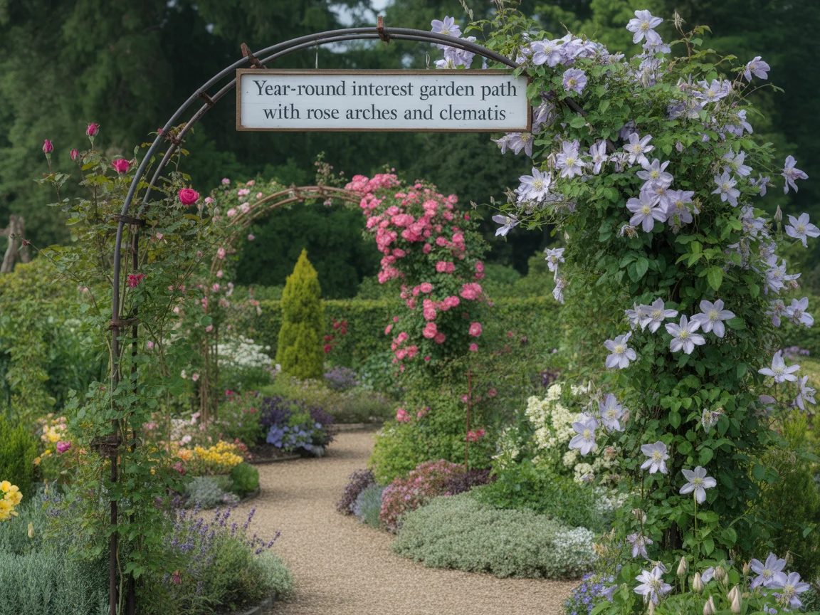20. Year-Round Interest Garden Path With Rose Arches and Clematis