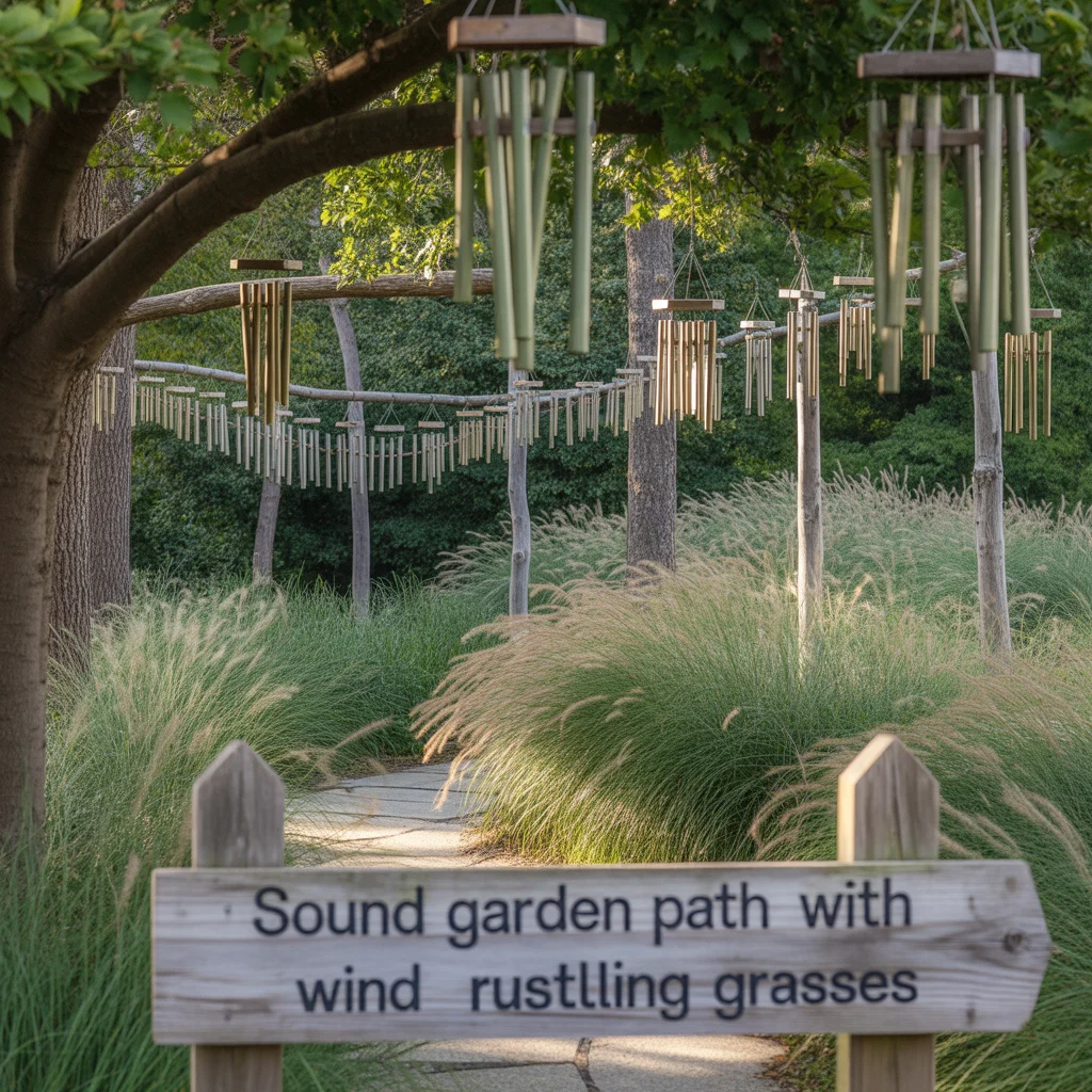 3. Sound Garden Path With Wind Chimes and Rustling Grasses