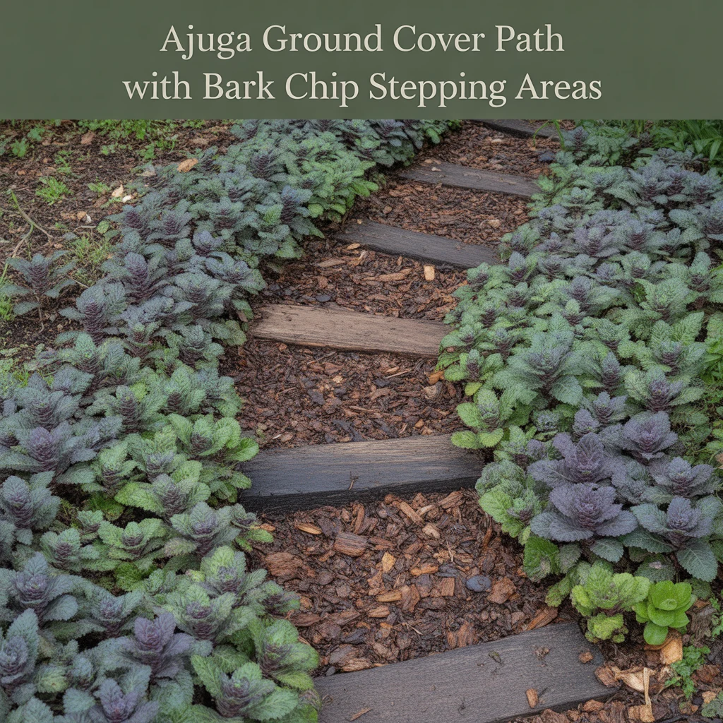4. Ajuga Ground Cover Path With Bark Chip Stepping Areas