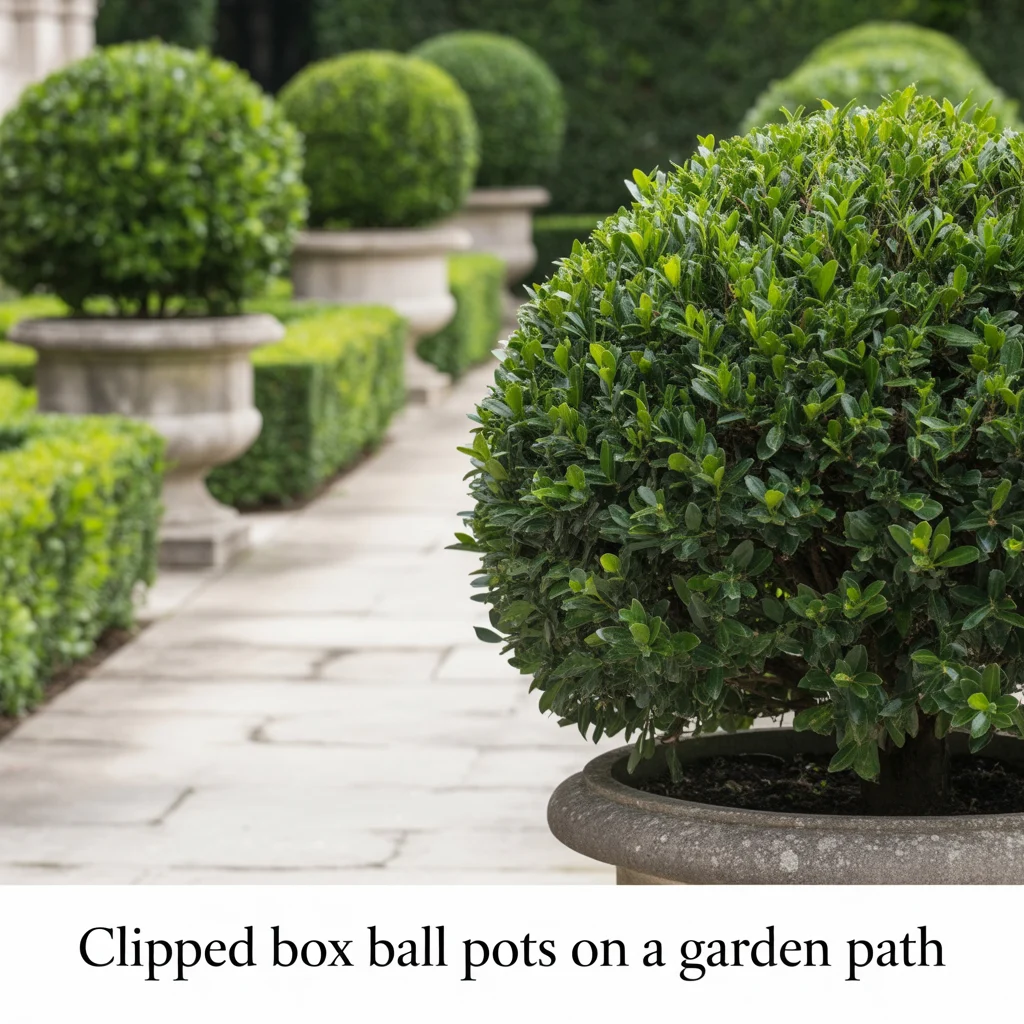 4. Clipped Box Ball Pots on a Garden Path