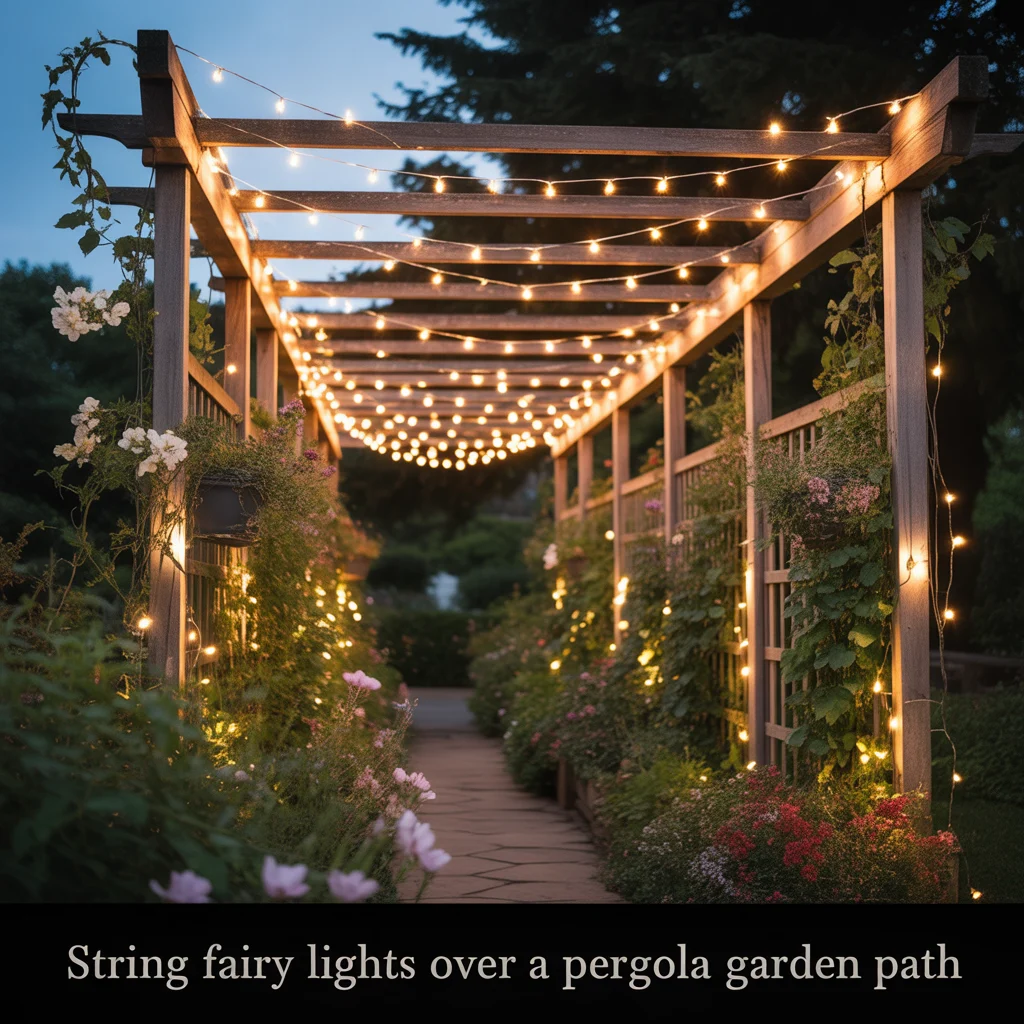 4. String Fairy Lights Over a Pergola Garden Path