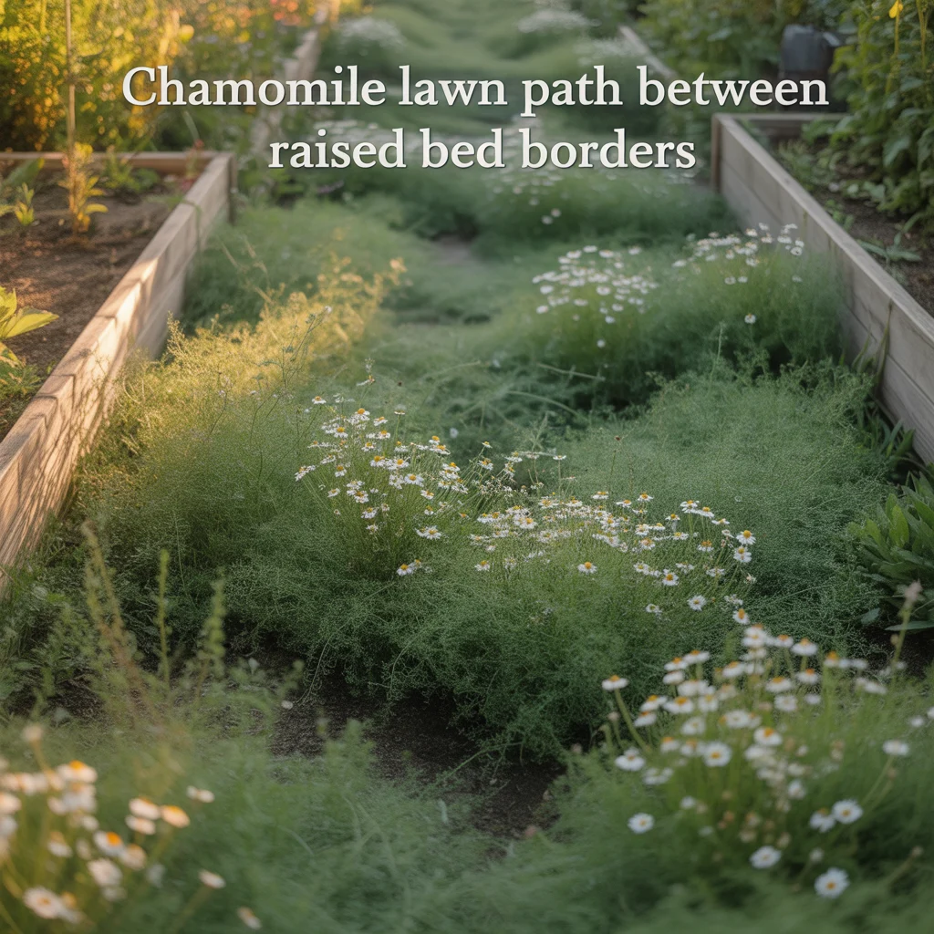 6. Chamomile Lawn Path Between Raised Bed Borders