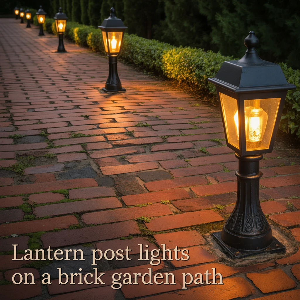 6. Lantern Post Lights on a Brick Garden Path