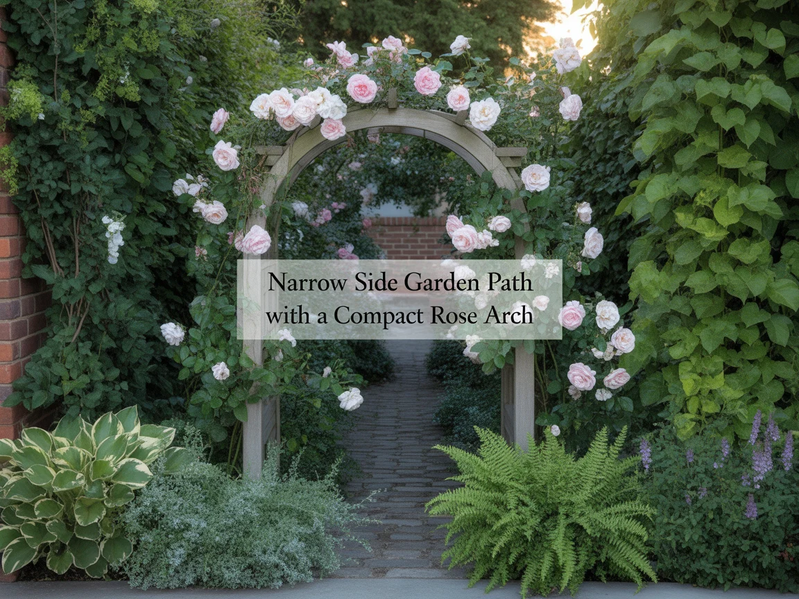 6. Narrow Side Garden Path With a Compact Rose Arch