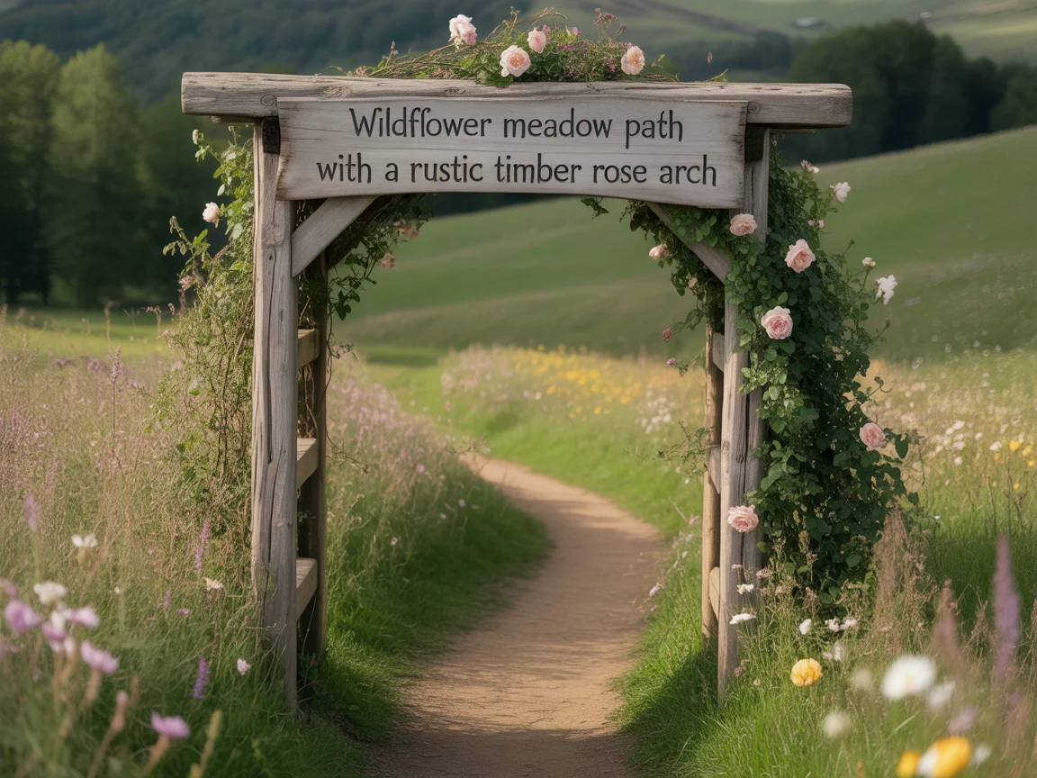 7. Wildflower Meadow Path With a Rustic Timber Rose Arch