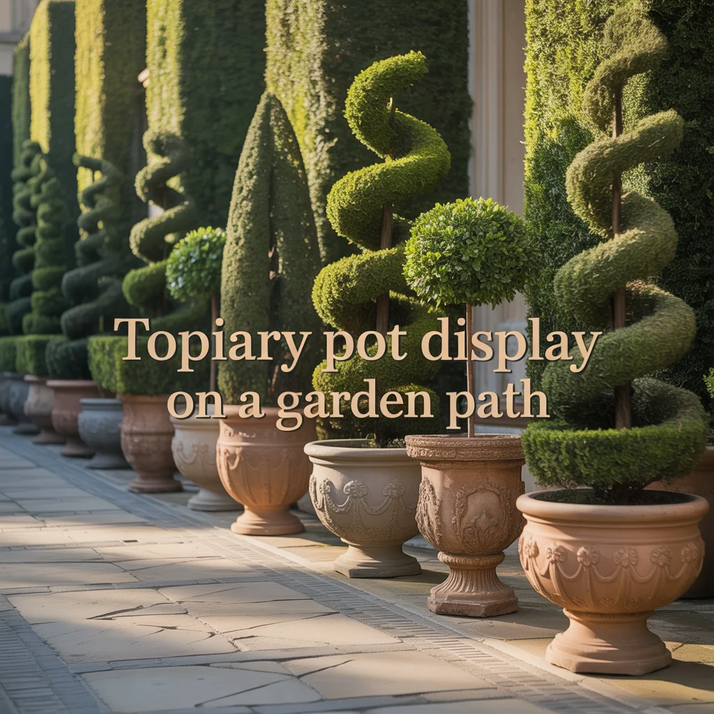 8. Topiary Pot Display on a Garden Path