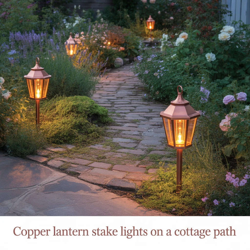 9. Copper Lantern Stake Lights on a Cottage Path