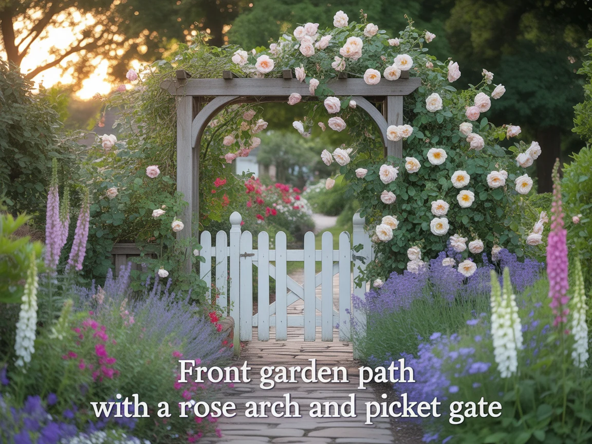 9. Front Garden Path With a Rose Arch and Picket Gate
