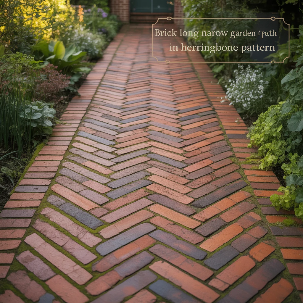 Brick Long Narrow Garden Path in Herringbone Pattern