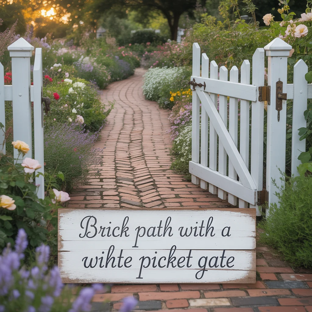 Brick Path With a White Picket Gate