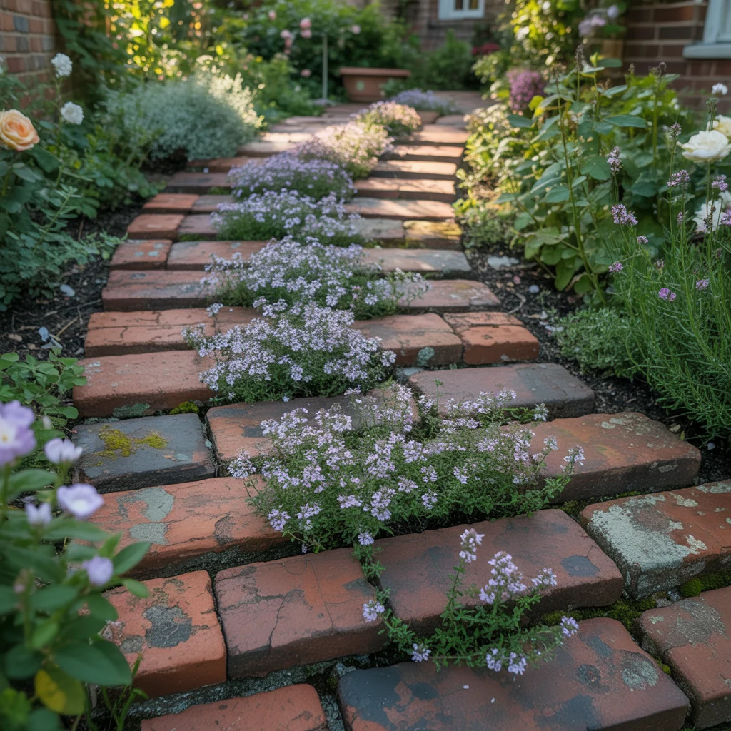 Brick Path With Creeping Thyme Between Brick Joints