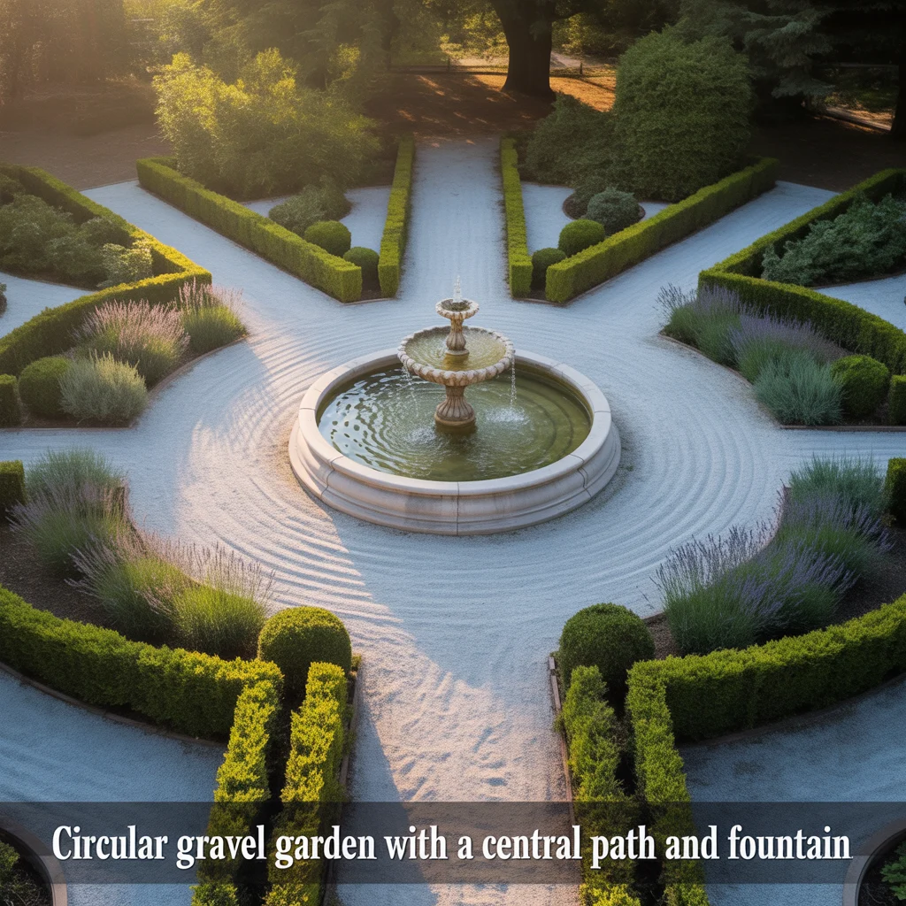 Circular Gravel Garden With a Central Path and Fountain
