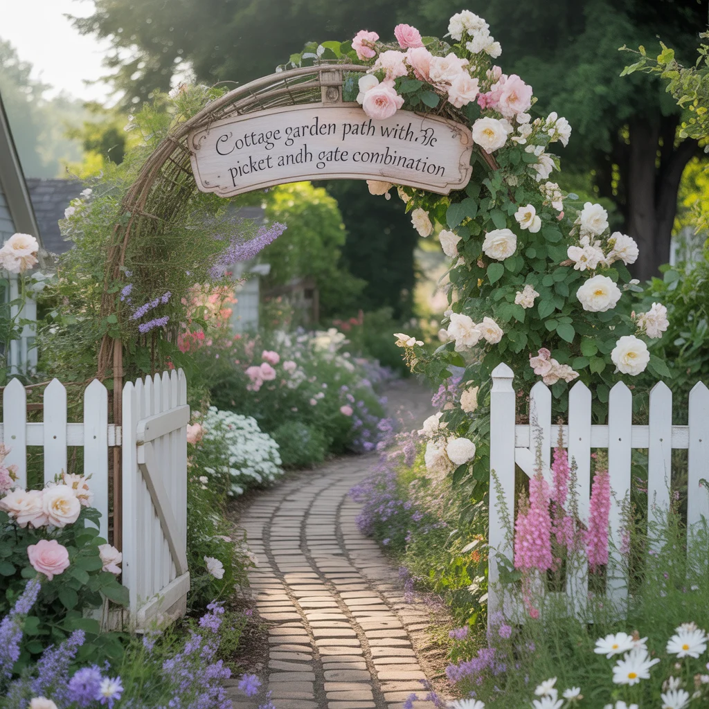 Cottage Garden Path With a Picket and Arch Gate Combination