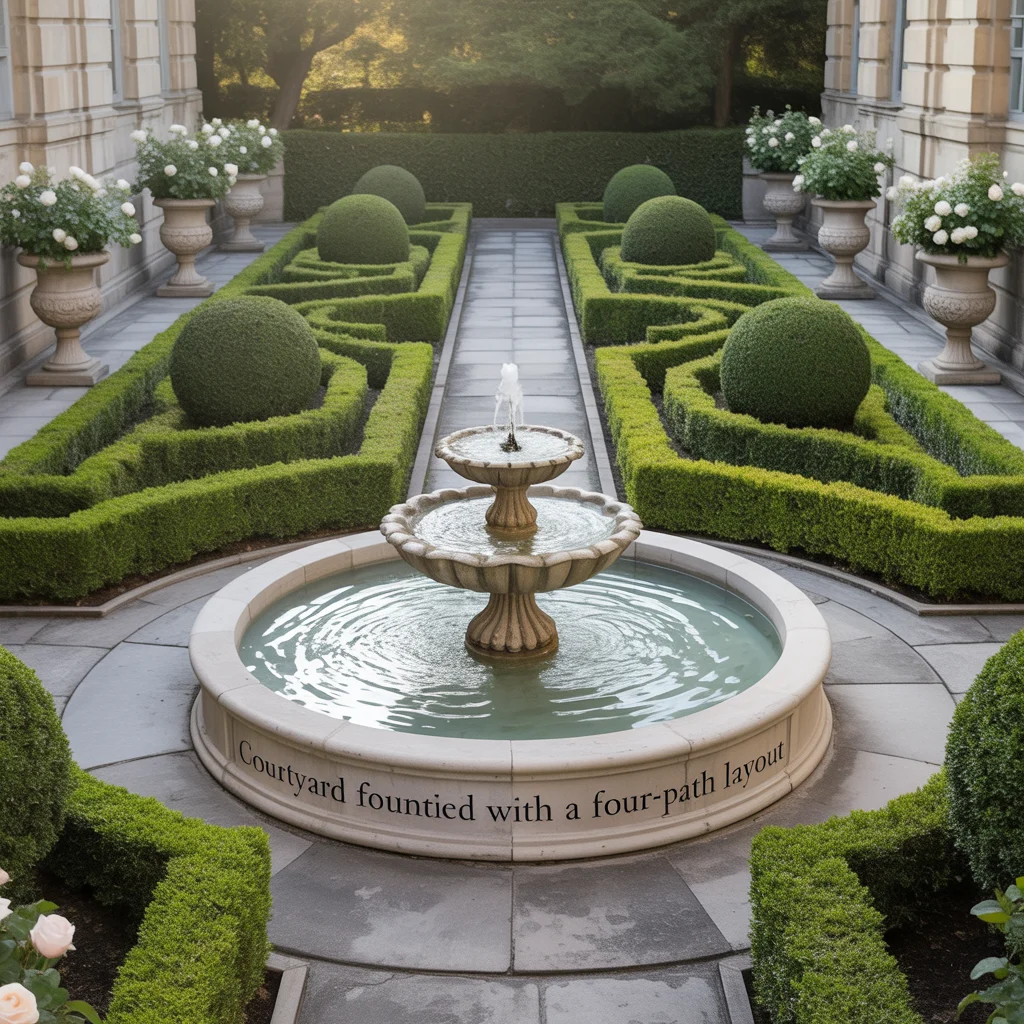 Courtyard Fountain Idea With a Four-Path Layout