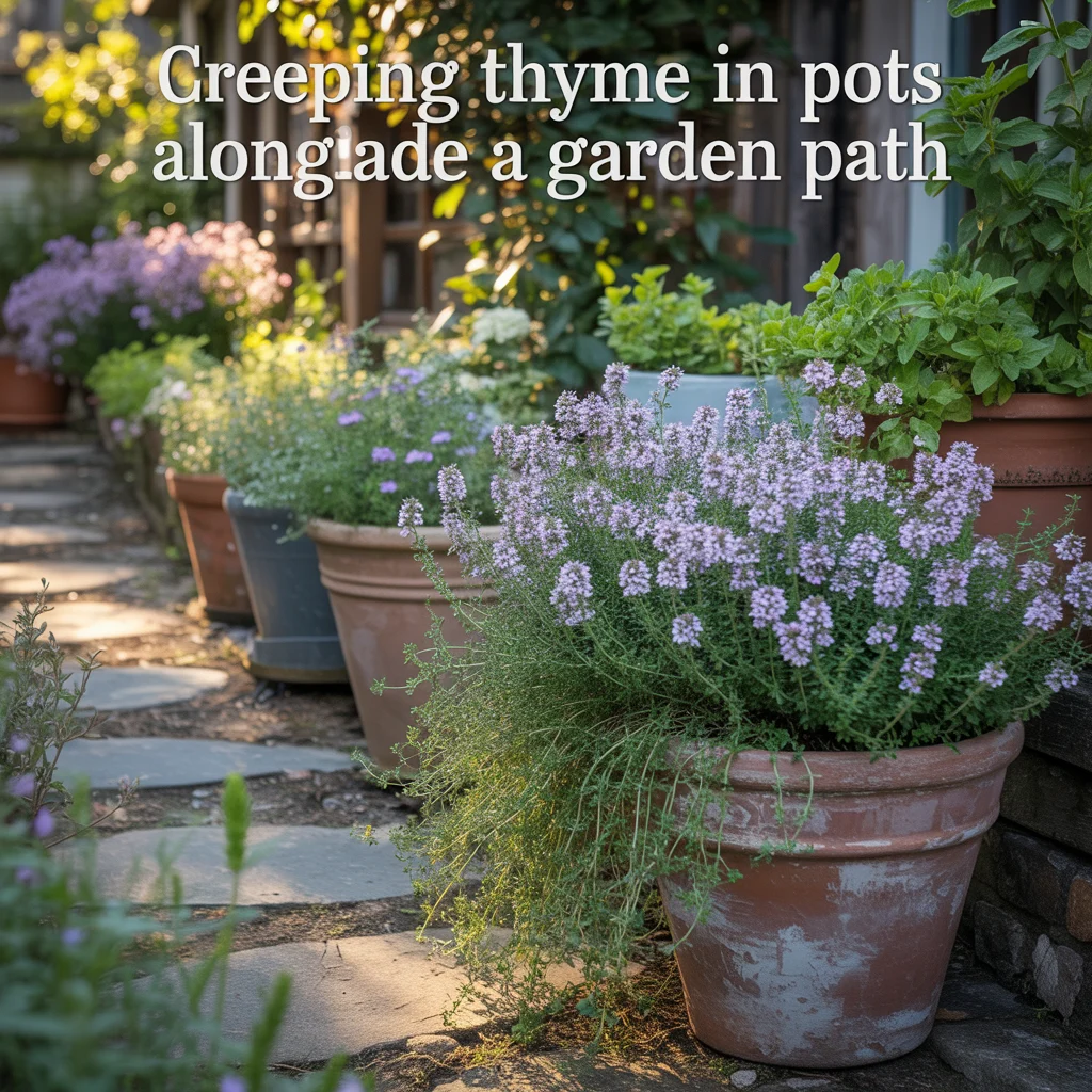 Creeping Thyme in Pots Alongside a Garden Path