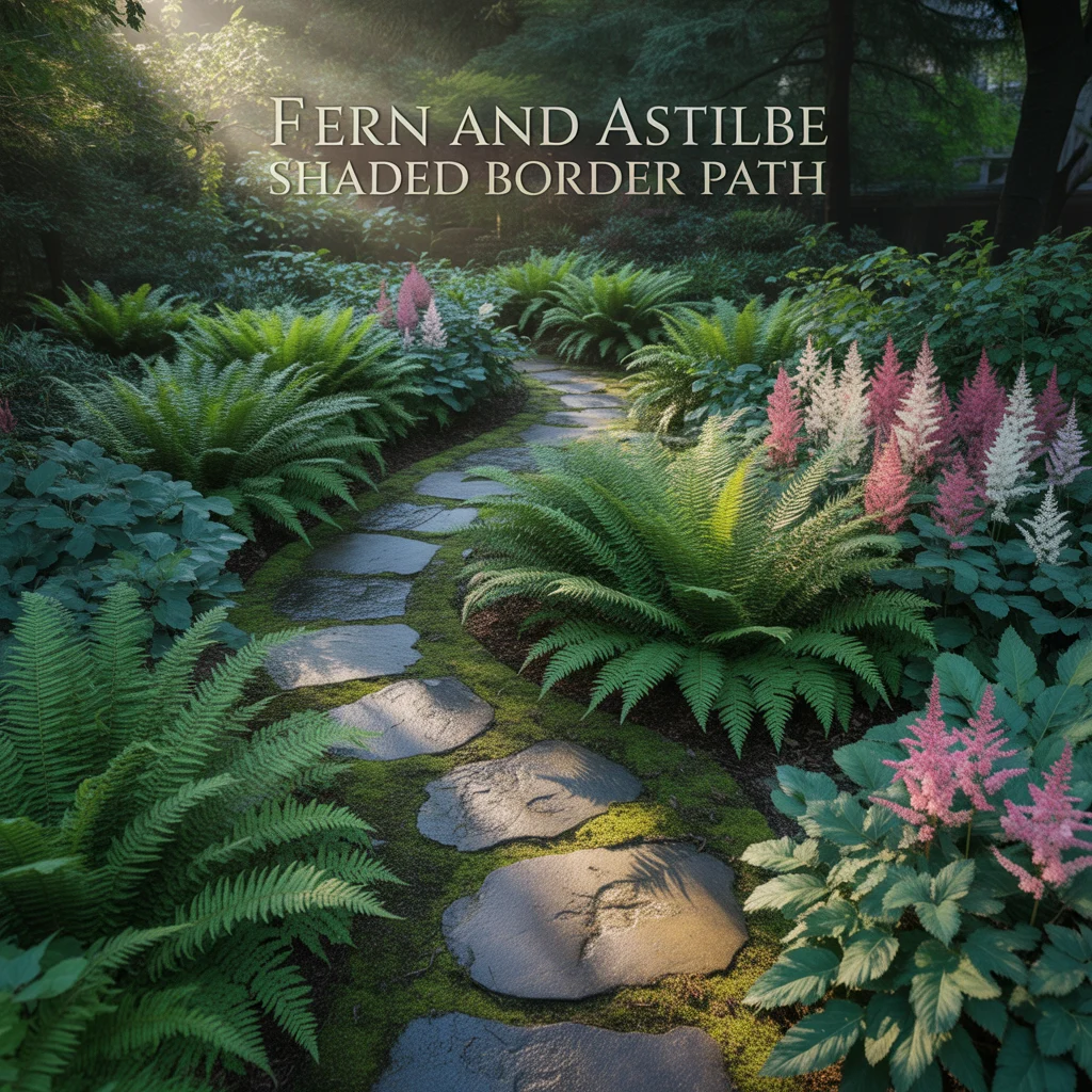 Fern and Astilbe Shaded Border Path