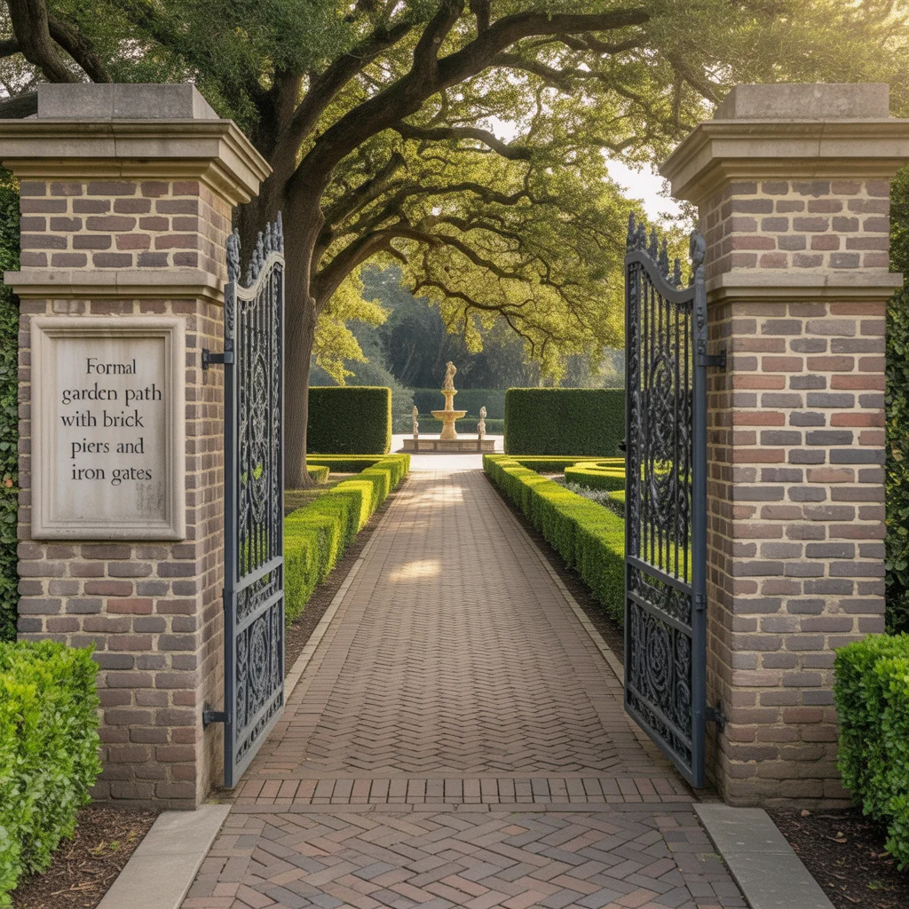 Formal Garden Path With Brick Piers and Iron Gates