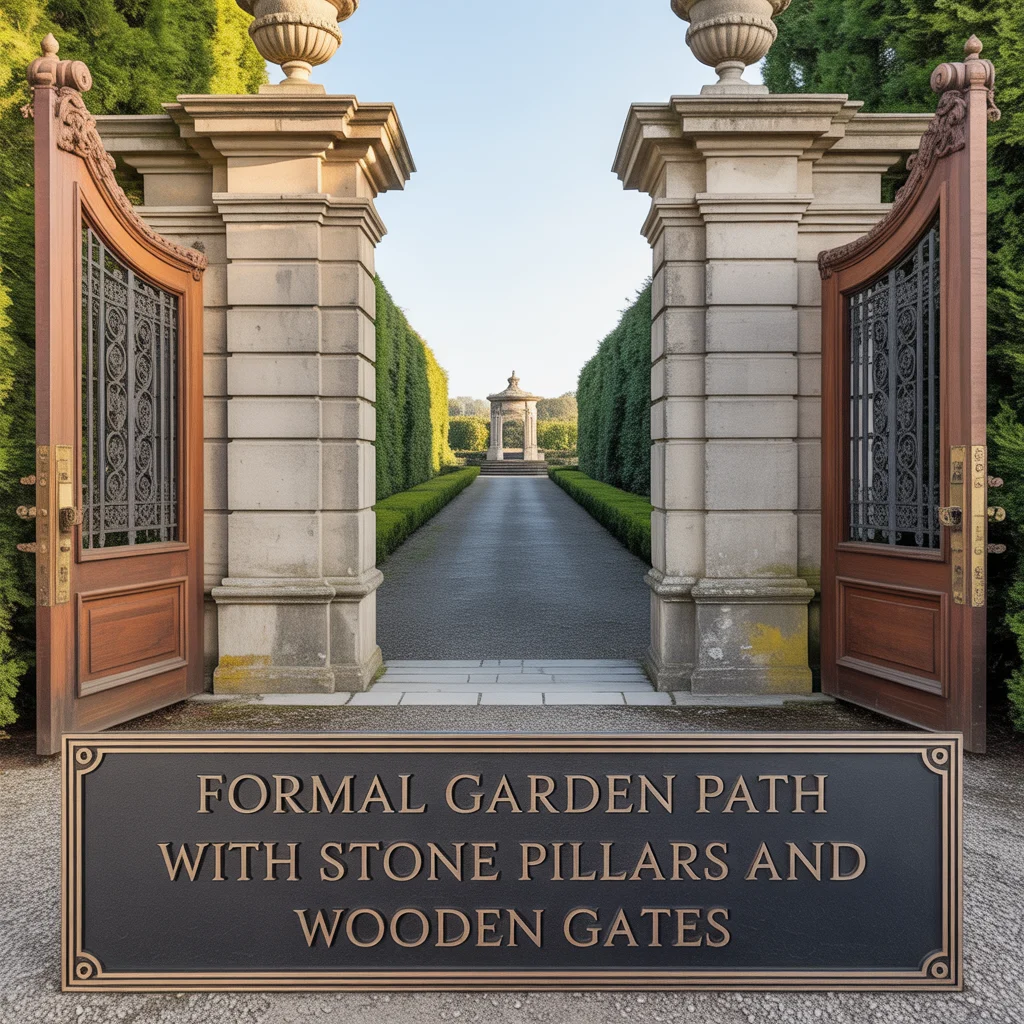 Formal Garden Path With Stone Pillars and Wooden Gates