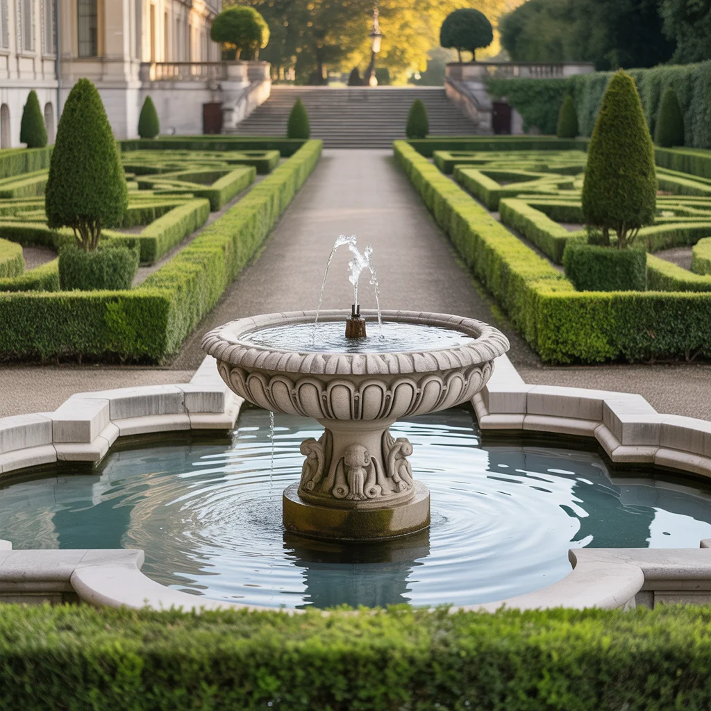 Formal Hedge-Lined Path With a Classical Fountain