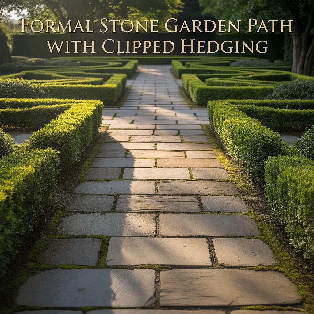 Formal Stone Garden Path With Clipped Hedging