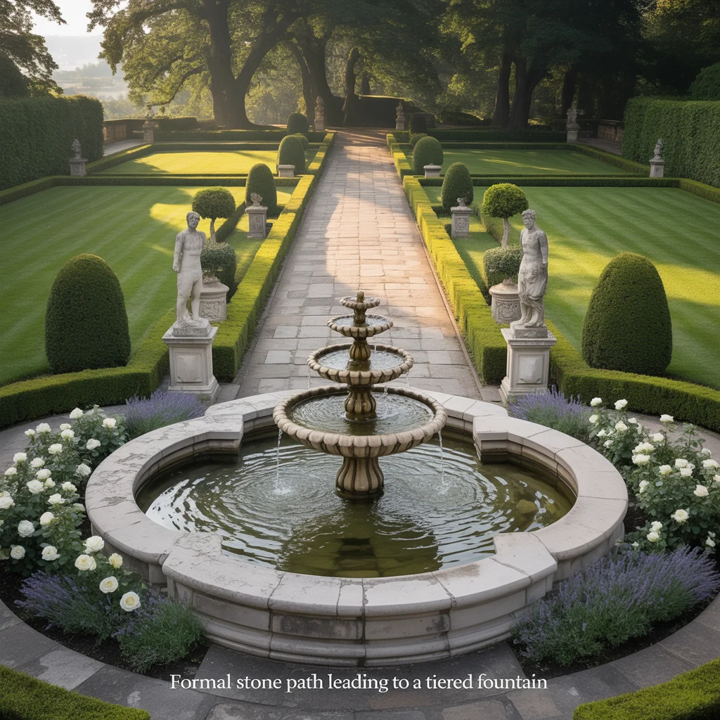 Formal Stone Path Leading to a Tiered Fountain
