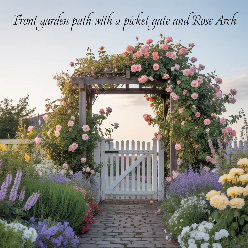 Front Garden Path With a Picket Gate and Rose Arch