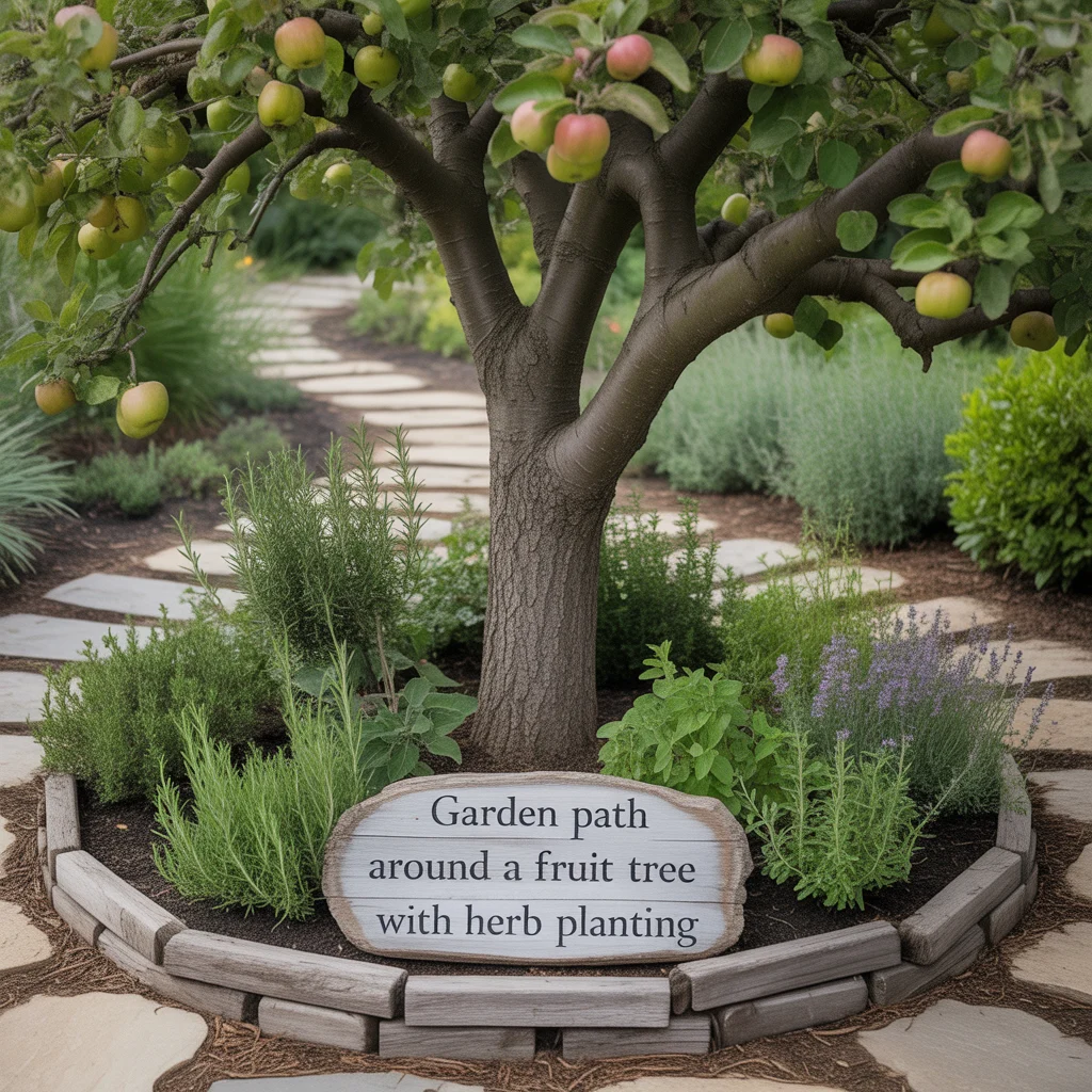 Garden Path Around a Fruit Tree With Herb Planting