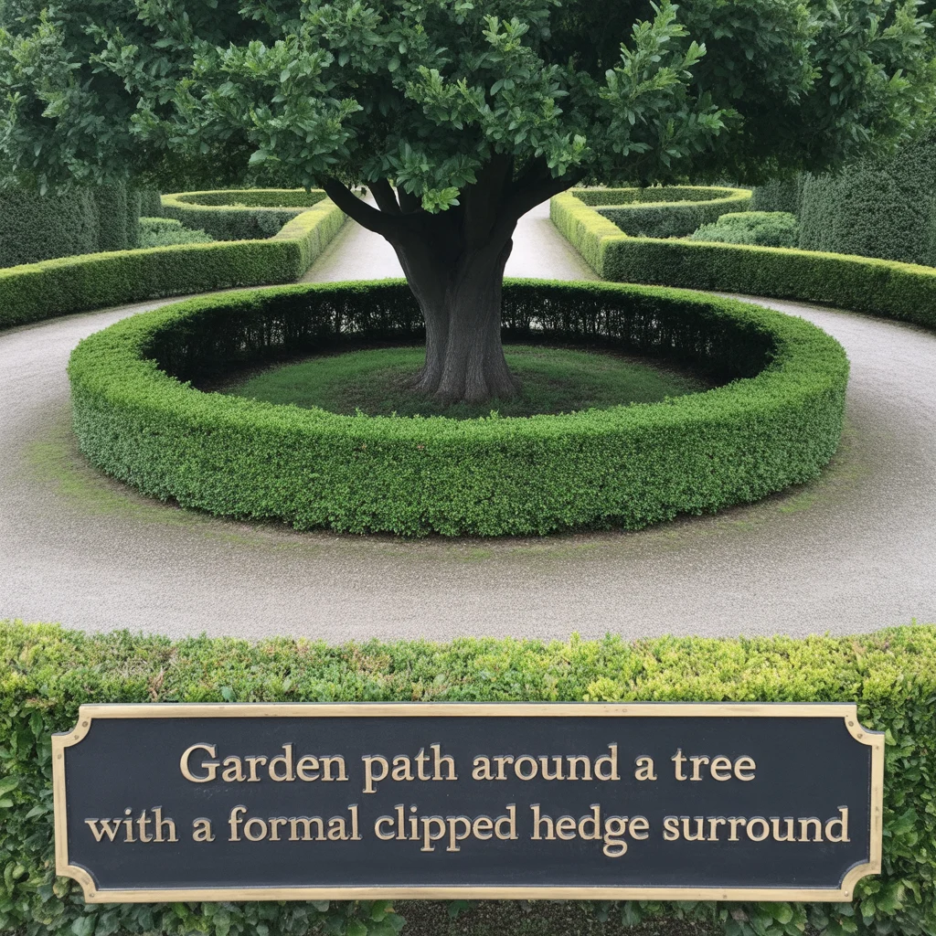 Garden Path Around a Tree With a Formal Clipped Hedge Surround