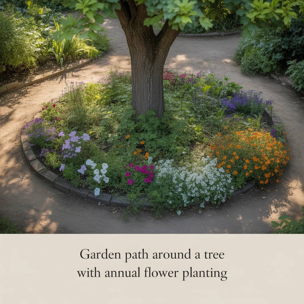 Garden Path Around a Tree With Annual Flower Planting