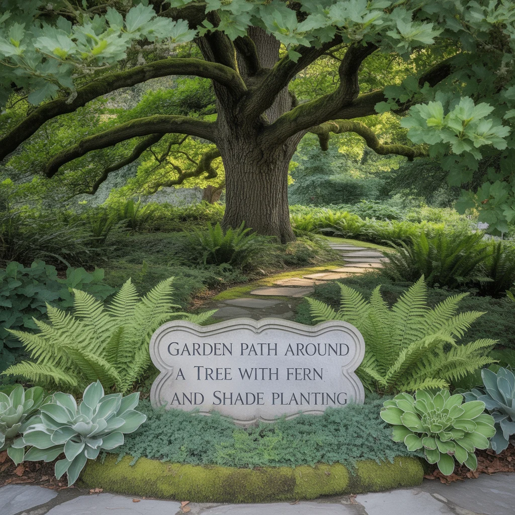 Garden Path Around a Tree With Fern and Shade Planting
