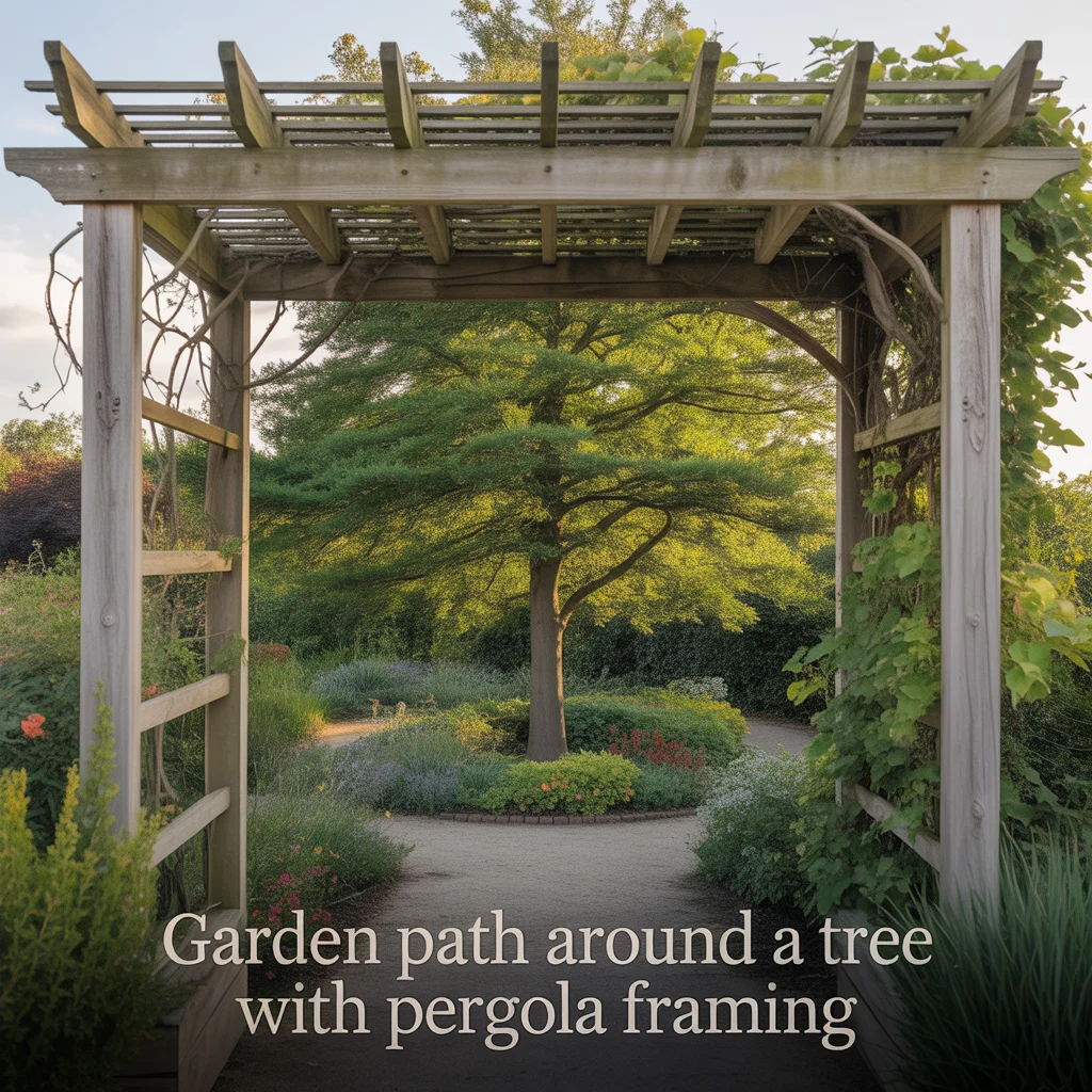 Garden Path Around a Tree With Pergola Framing