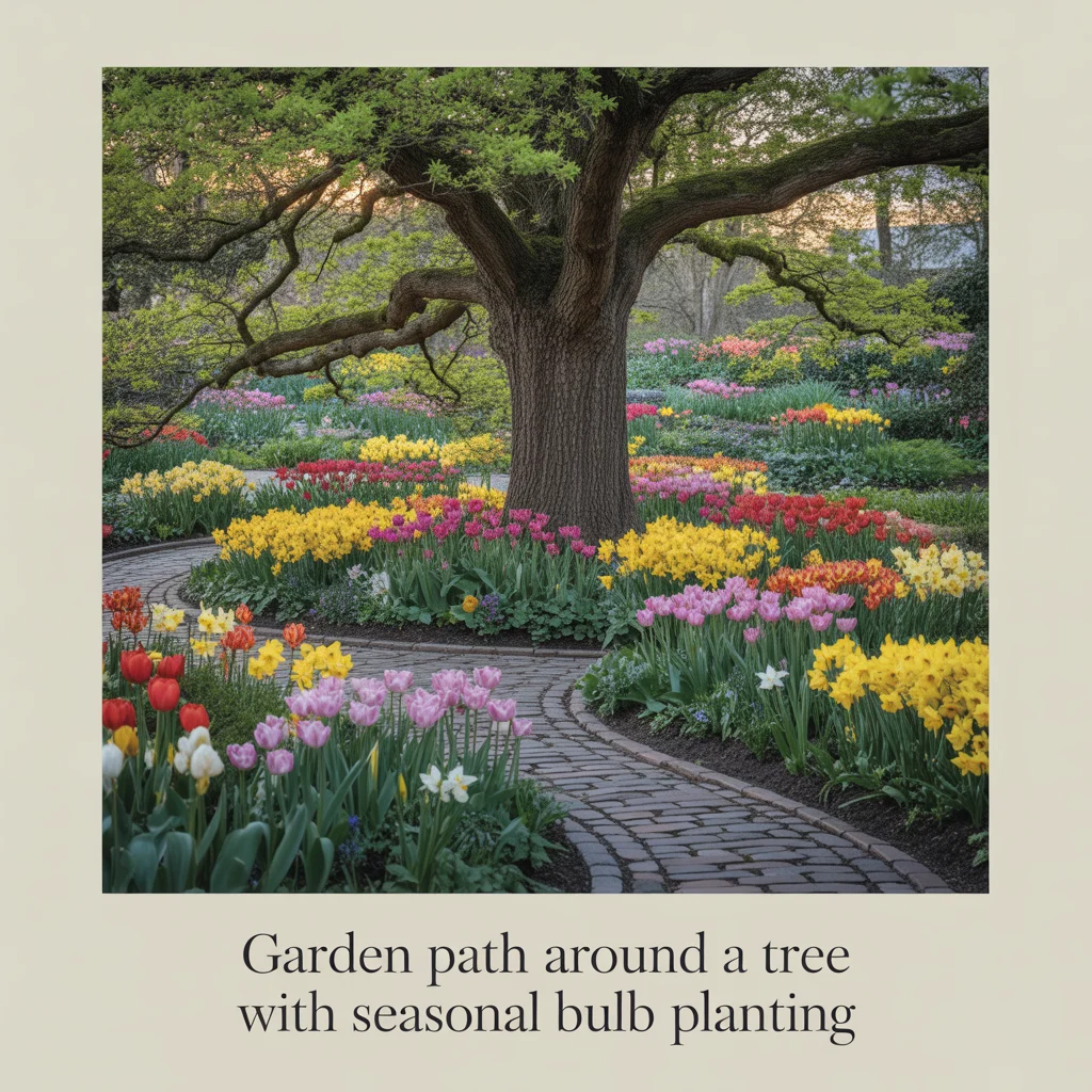 Garden Path Around a Tree With Seasonal Bulb Planting