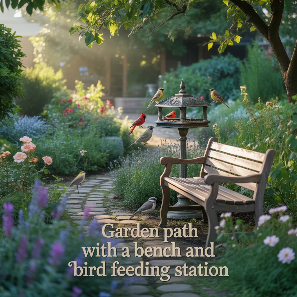 Garden Path With a Bench and Bird Feeding Station