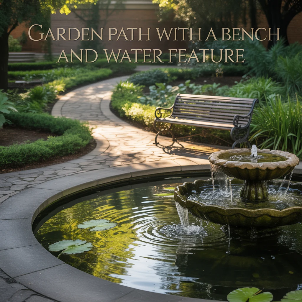 Garden Path With a Bench and Water Feature