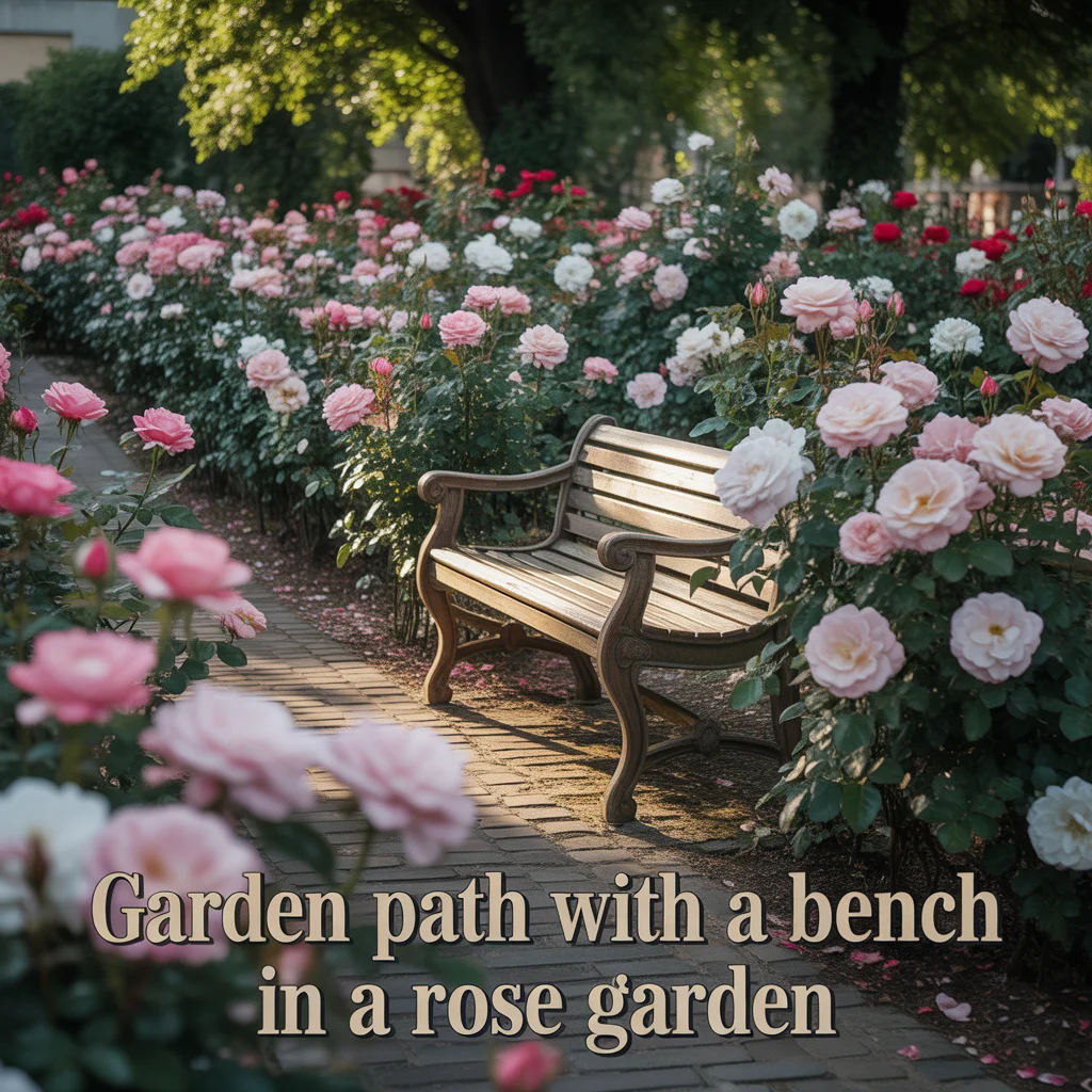 Garden Path With a Bench in a Rose Garden
