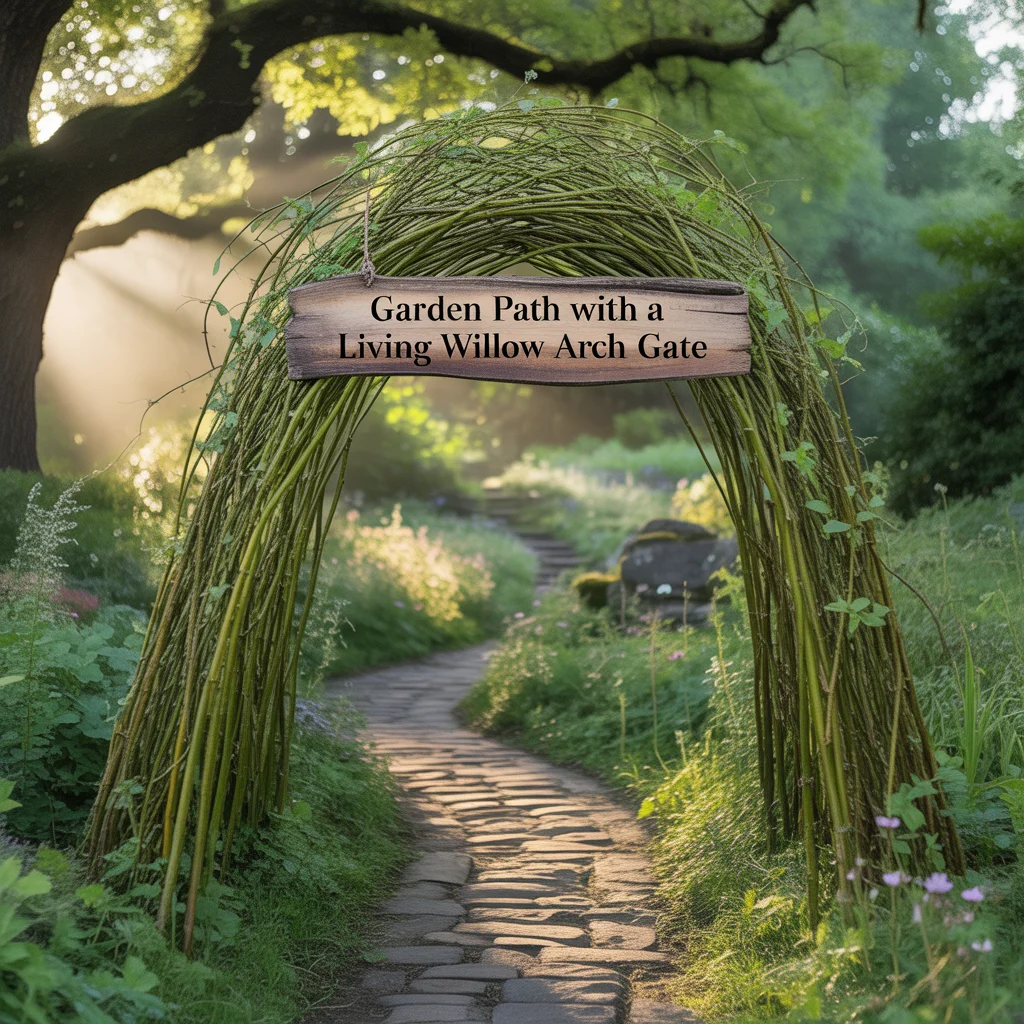 Garden Path With a Living Willow Arch Gate