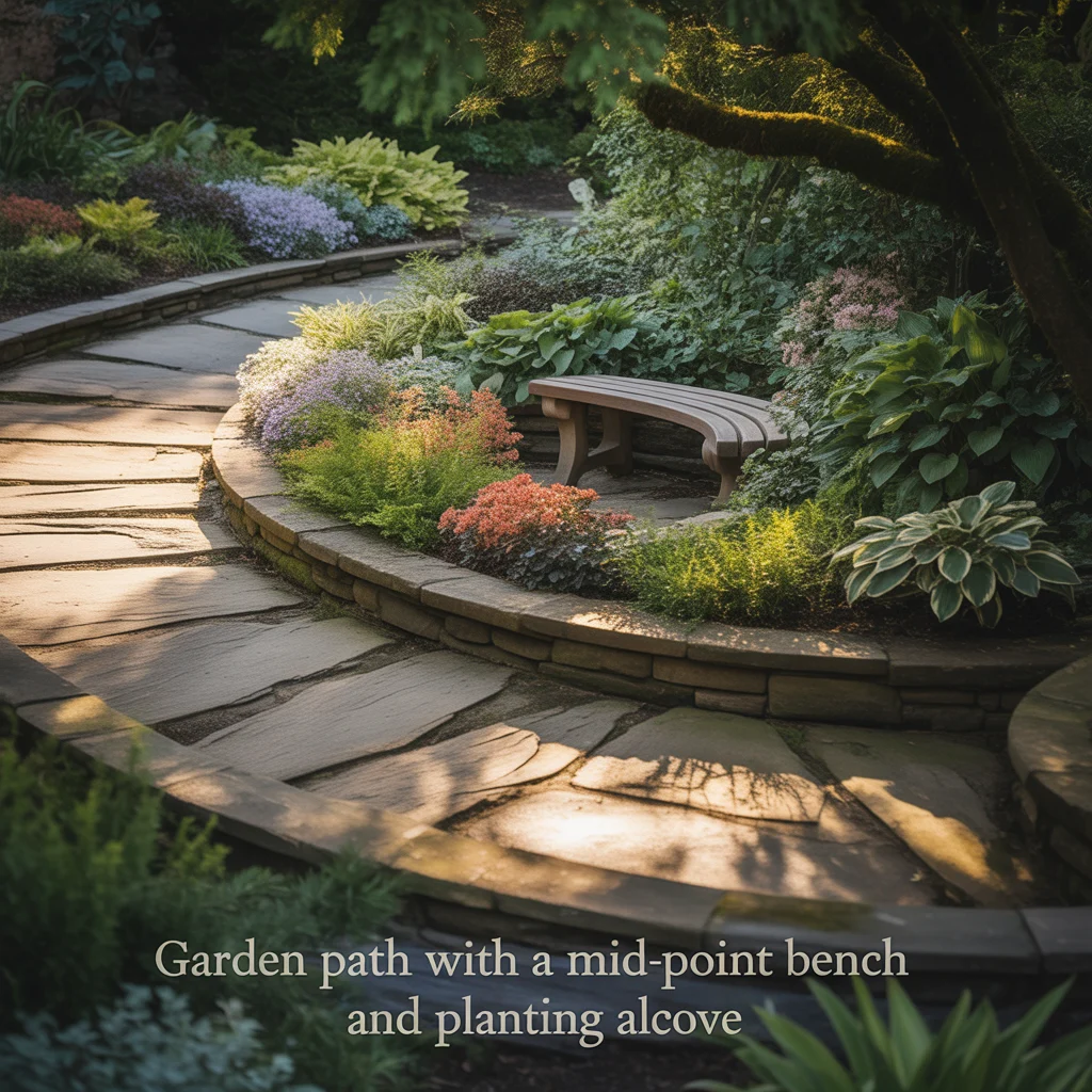 Garden Path With a Mid-Point Bench and Planting Alcove
