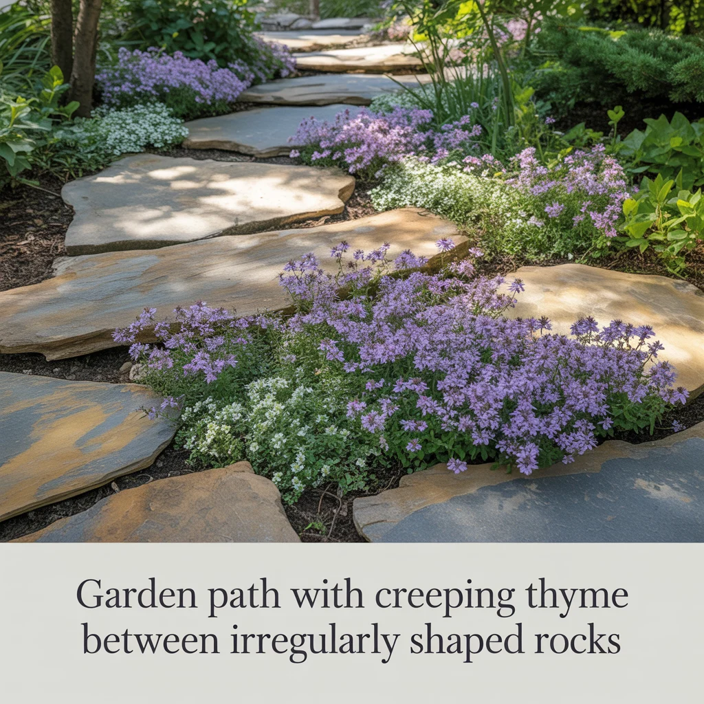 Garden Path With Creeping Thyme Between Irregularly Shaped Rocks