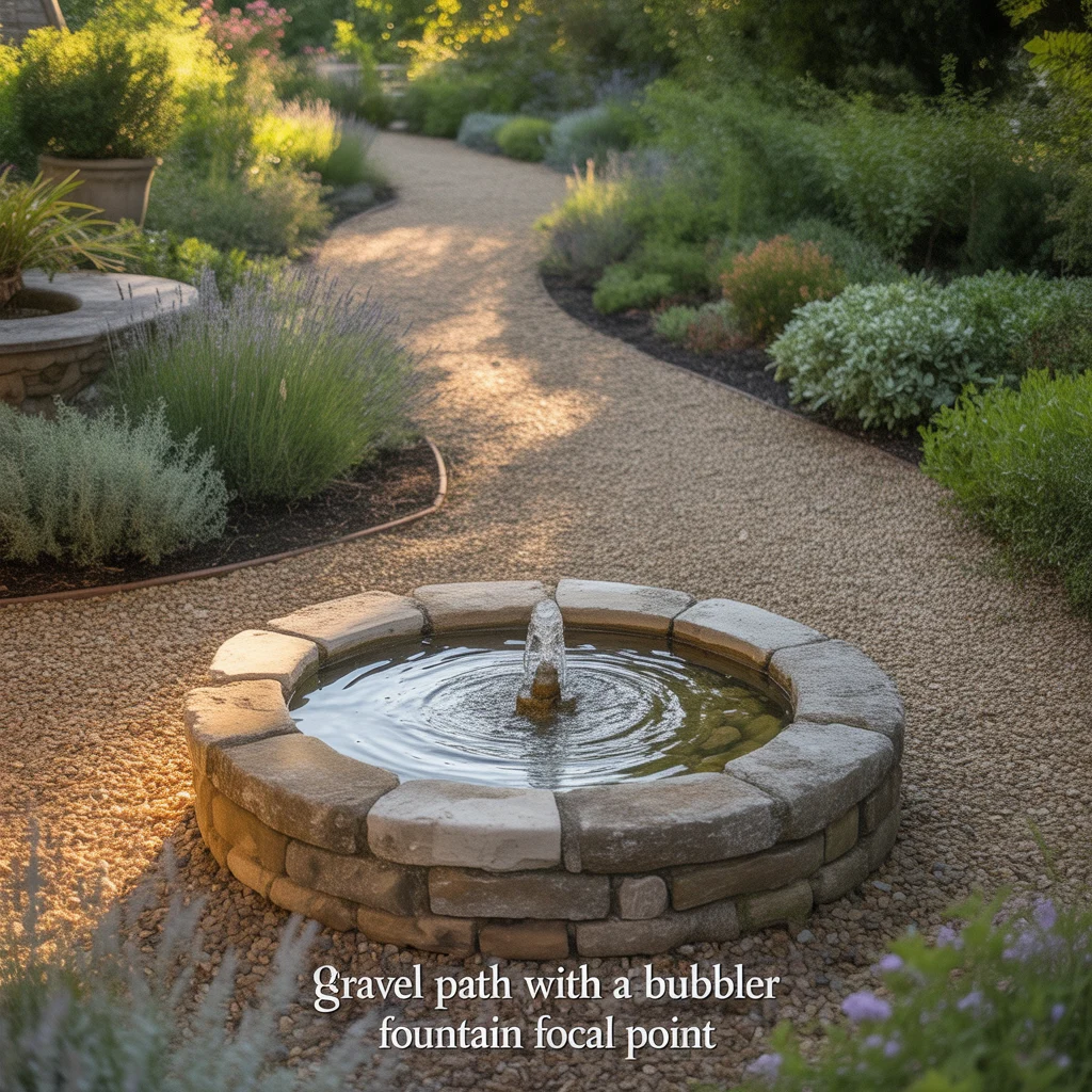 Gravel Path With a Bubbler Fountain Focal Point