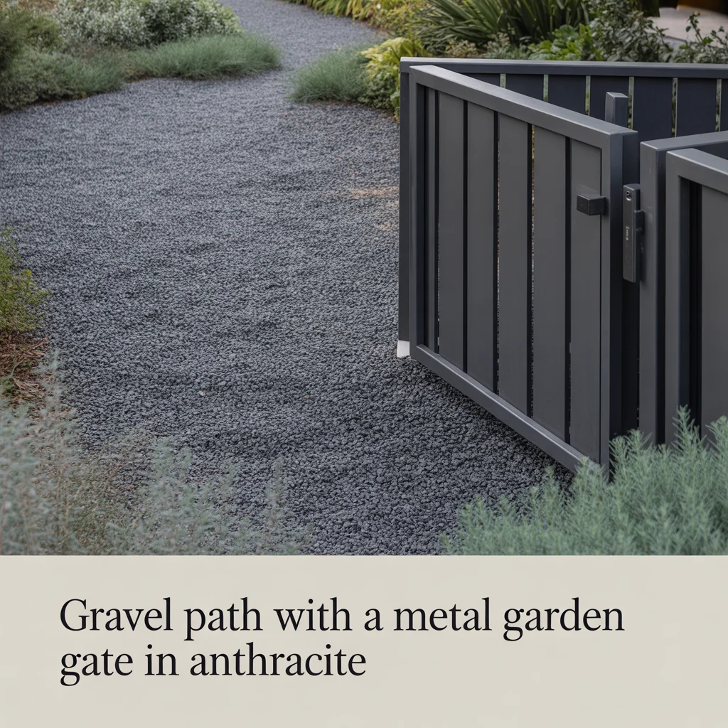 Gravel Path With a Metal Garden Gate in Anthracite